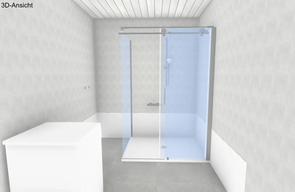 3D-Ansicht der geplanten Dusche mit Glasschiebetür vor dem Umbau